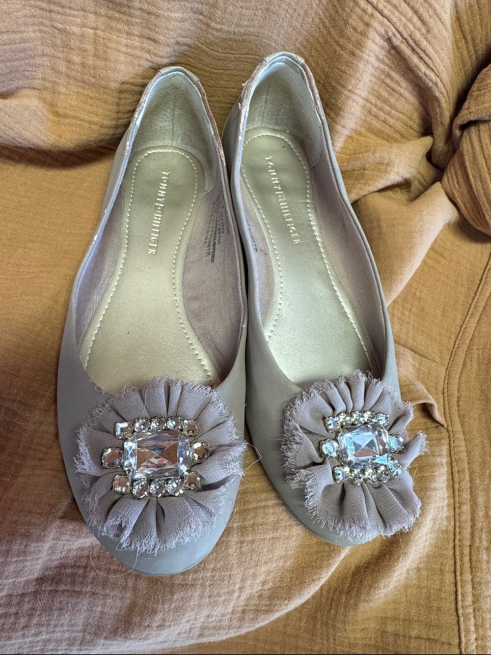 Tommy Hilfiger Taupe Floral Rosette Ballet Flats with Crystal Accent